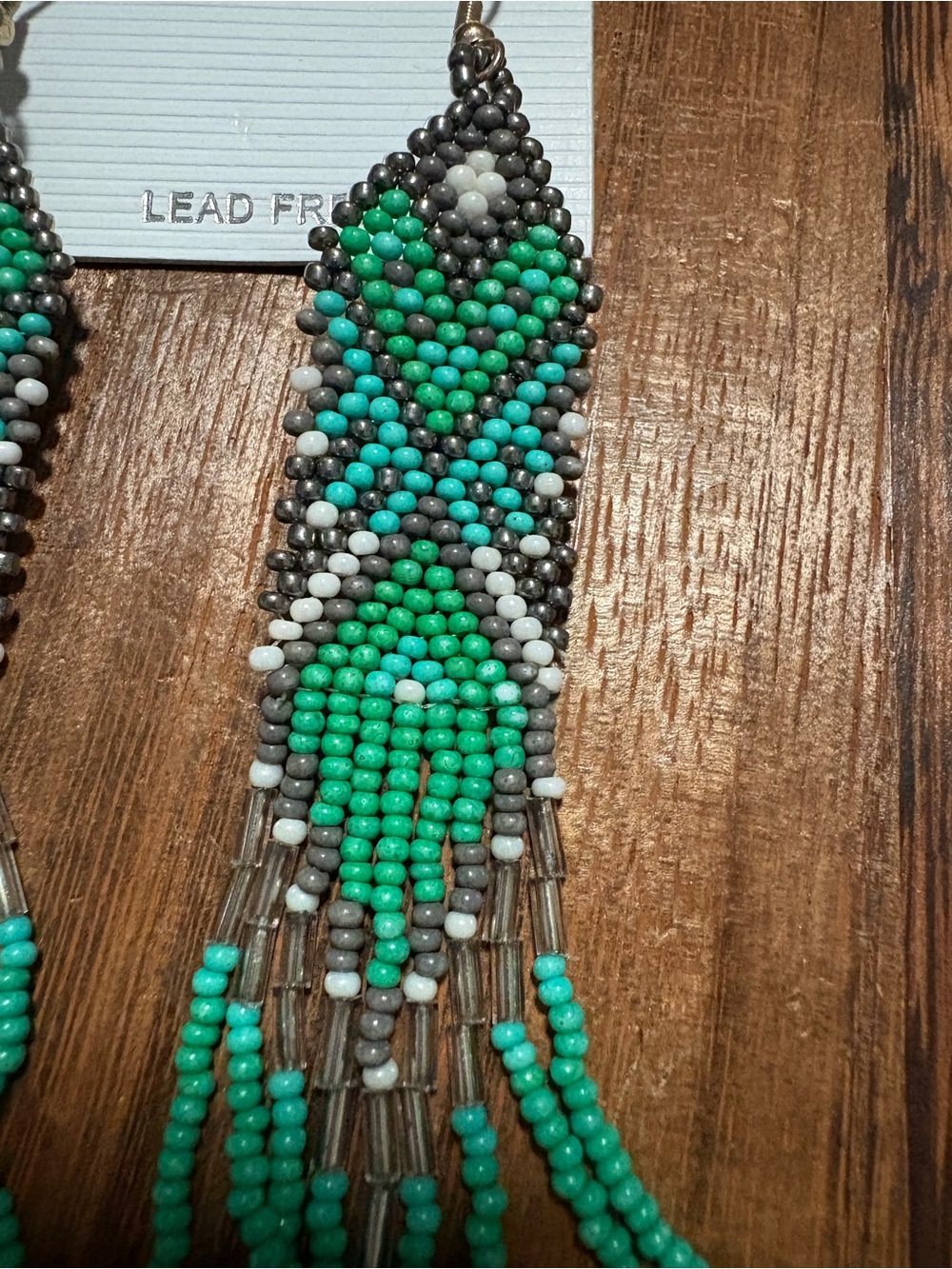 Turquoise & Green Seed Bead Fringe Earrings - Picture 5 of 5